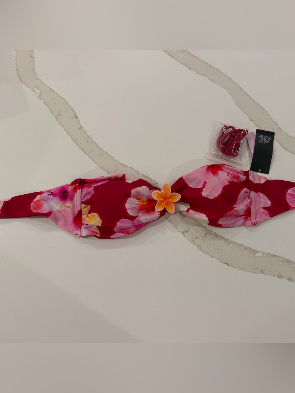 Wild fable Floral Pink Red Women's Bandeau Bikini Top with Flower Accent